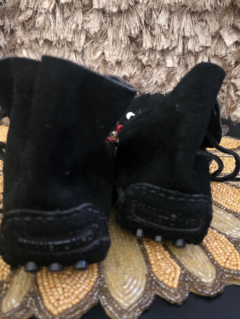 Black Suede Fringe Moccasin Sandals with Color Beads - Picture 3 of 4